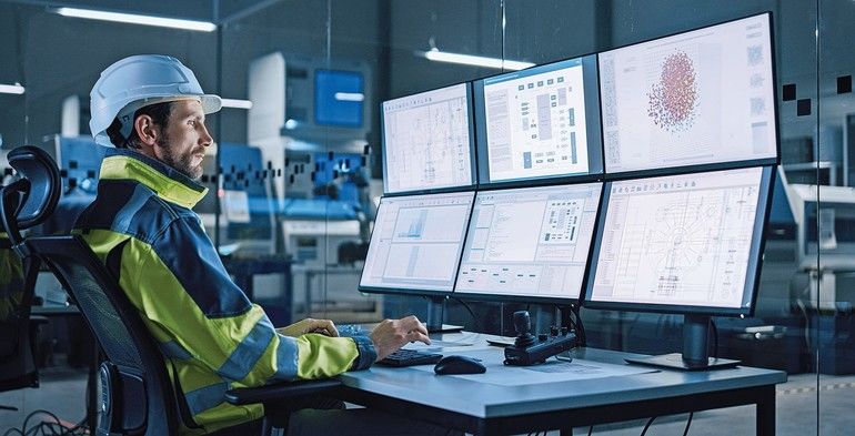 Industry_4.0_Modern_Factory:_Facility_Operator_Controls_Workshop_Production_Line,_Uses_Computer_with_Screens_Showing_Complex_UI_of_Machine_Operation_Processes,_Controllers,_Machinery_Blueprints