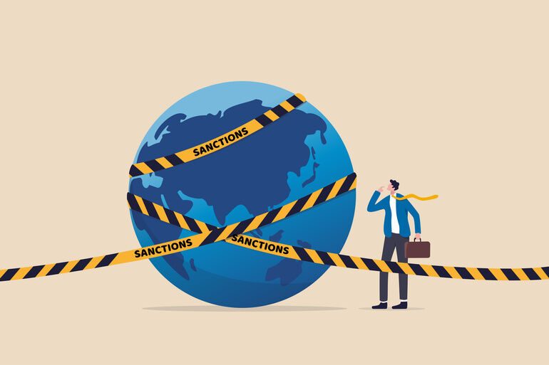 World_economic_sanctions,_force_country_to_obey_international_law_by_limit_or_stop_trading_concept,_businessman_look_at_planet_earth_world_country_with_prohibited_yellow_tape_with_word_sanctions.
