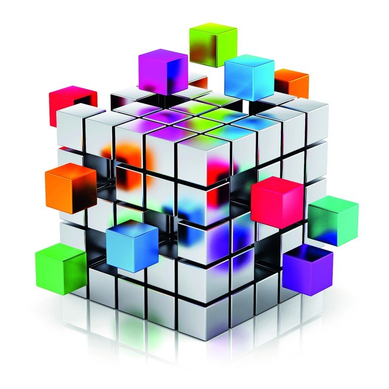 Creative_abstract_business_teamwork,_internet_and_communication_concept:_colorful_cubic_structure_with_assembling_metallic_cubes_isolated_on_white_background