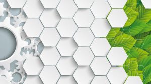 Eco_industry_banner_with_gears,_green_leaves_and_hexagons_on_the_gray_background._Eps_10_vector_file.