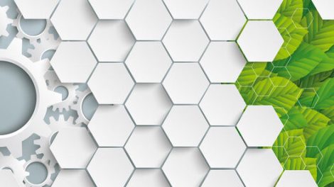 Eco_industry_banner_with_gears,_green_leaves_and_hexagons_on_the_gray_background._Eps_10_vector_file.