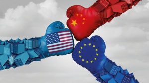 European_China_and_American_trade_fight_and_tariff_war_as_a_Chinese_Europe_USA_economic_problem_as_cargo_containers_in_conflict_as_an_economic_dispute_over_import_and_exports_with_3D_elements.