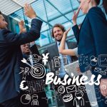 Digital_composite_of_Business_group_high_fiving_with_white_business_doodles