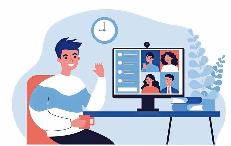 Worker_using_computer_for_collective_virtual_meeting_and_group_video_conference._Man_at_desktop_chatting_with_friends_online._Vector_illustration_for_videoconference,_remote_work,_technology_concept