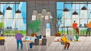 Coffee_shop_and_office_in_one_building._Coworking_people_at_work._Characters_on_business_meeting_brainstorming_on_new_project._Personages_in_drinking_tea_beverage_at_coffeehouse_vector_in_flat